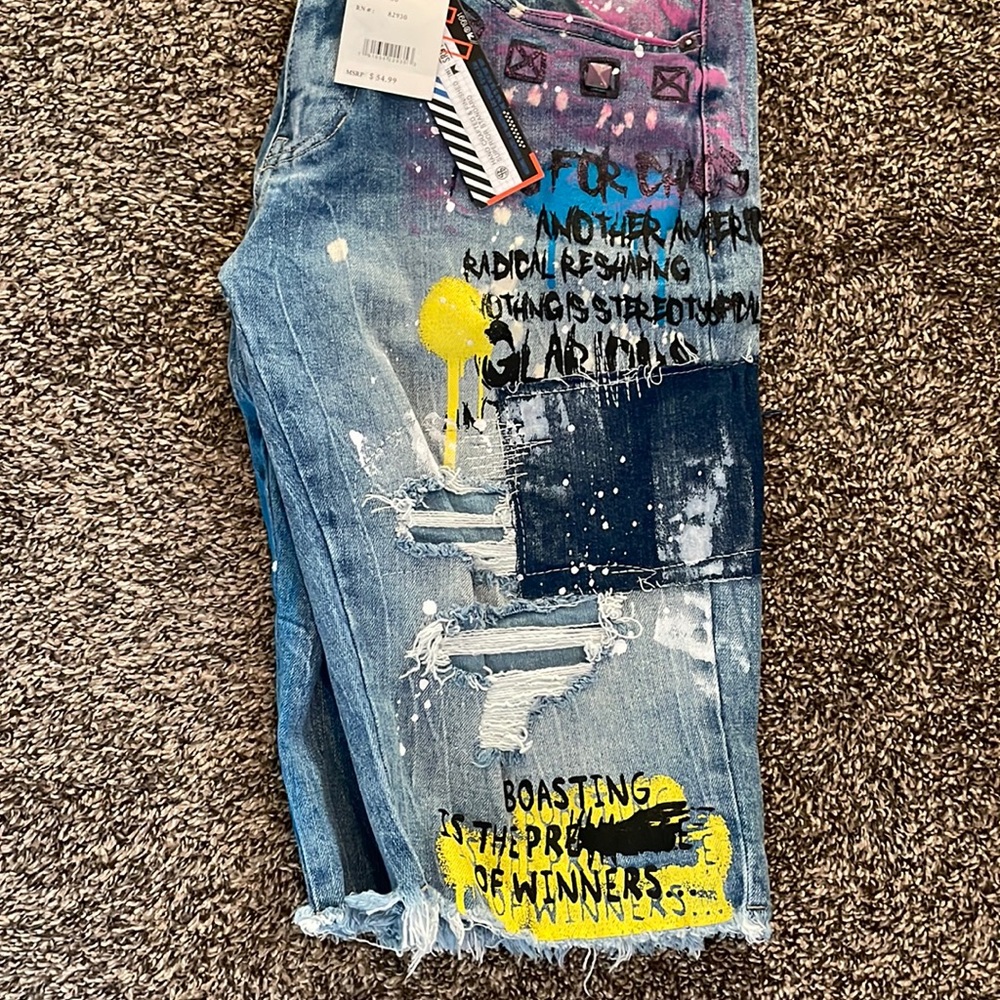 Young men jean shorts.